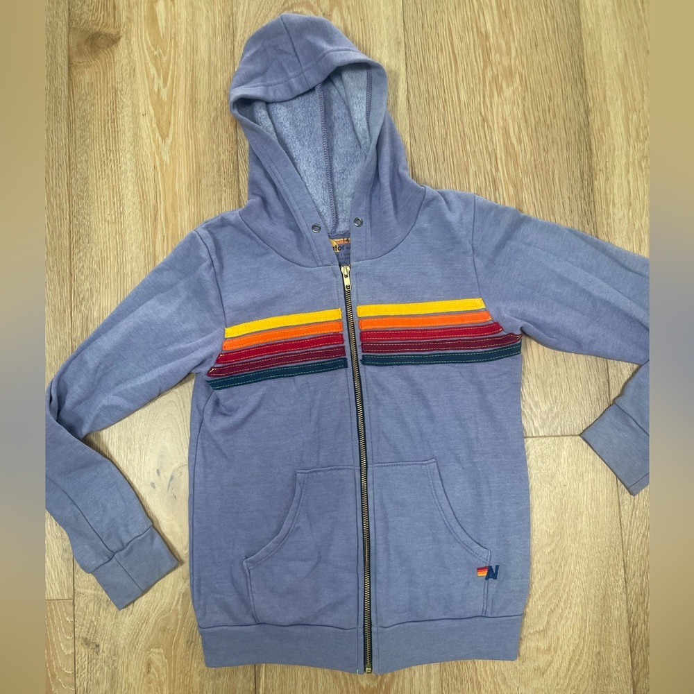 Aviator Nation Kids 5 Striped Lavender Purple Zip-Up Hoodie sz 14